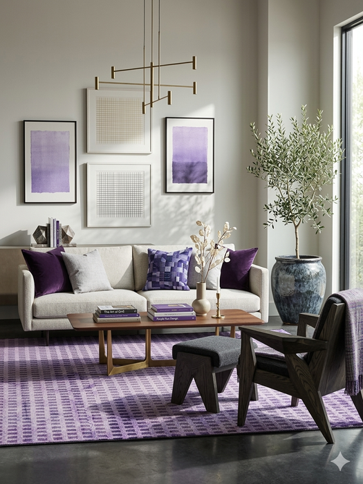 7' x 7' Square Purple Distressed Grid Geometric Modern Area Rug styled in a living room with modern furniture and coordinated decor.