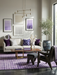 7' x 7' Square Purple Distressed Grid Geometric Modern Area Rug styled in a living room with modern furniture and coordinated decor.
