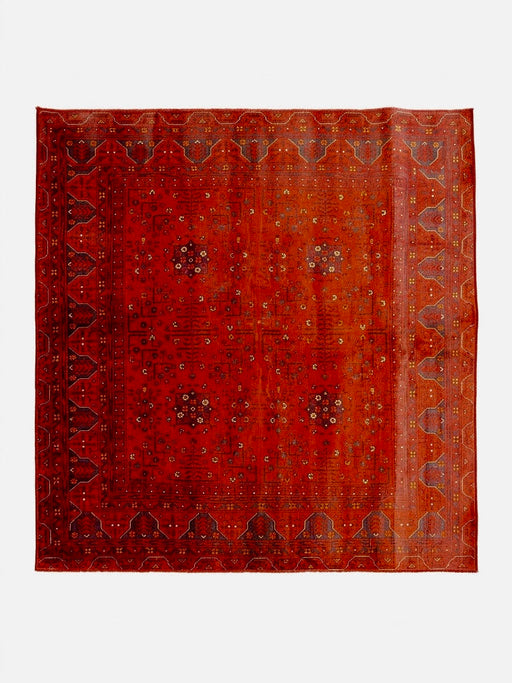 7' x 7' Square Red Distressed Geometric Tribal Vintage Area Rug isolated on a white background.