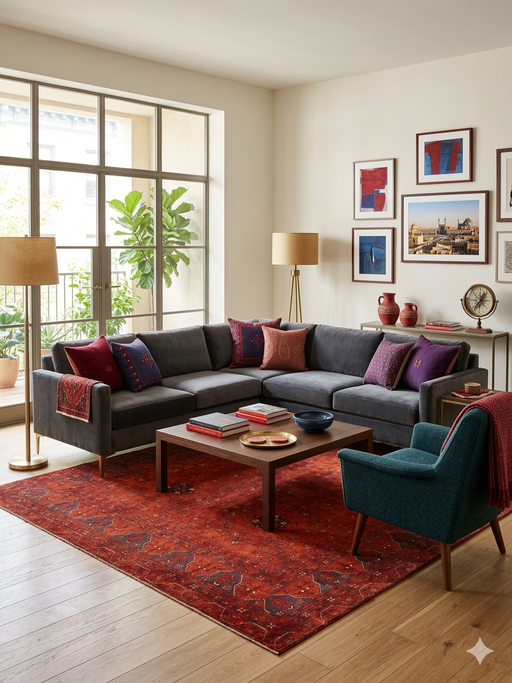 7' x 7' Square Red Distressed Geometric Tribal Vintage Area Rug styled in a living room with a sectional sofa and modern decor.
