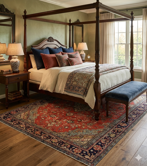 7' x 7' Square Red Navy & Ivory Medallion Traditional Area Rug styled in a bedroom with a canopy bed and layered textiles.