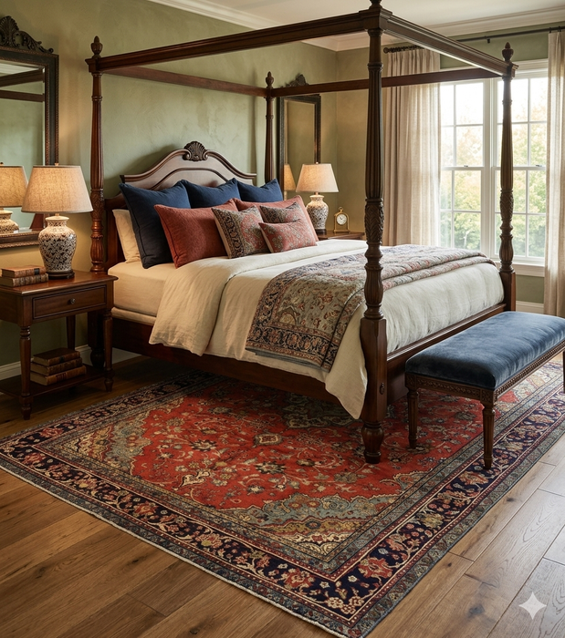 7' x 7' Square Red Navy & Ivory Medallion Traditional Area Rug styled in a bedroom with a canopy bed and layered textiles.