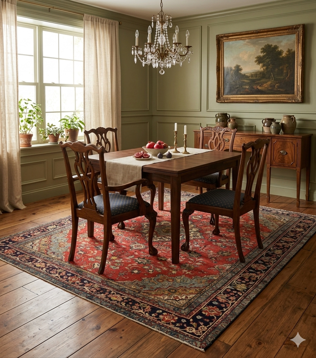 7' x 7' Square Red Navy & Ivory Medallion Traditional Area Rug styled in a living room with leather seating and classic decor.