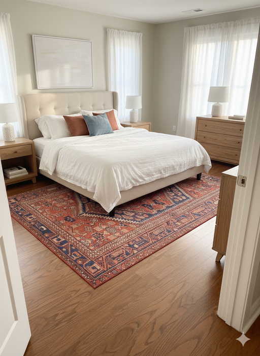 7' x 7' Square Rust Red Navy Blue Geometric Medallion Traditional Area Rug placed in a cozy bedroom setting. 