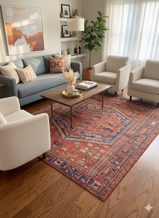 7' x 7' Square Rust Red Navy Blue Geometric Medallion Traditional Area Rug styled in a contemporary living room.