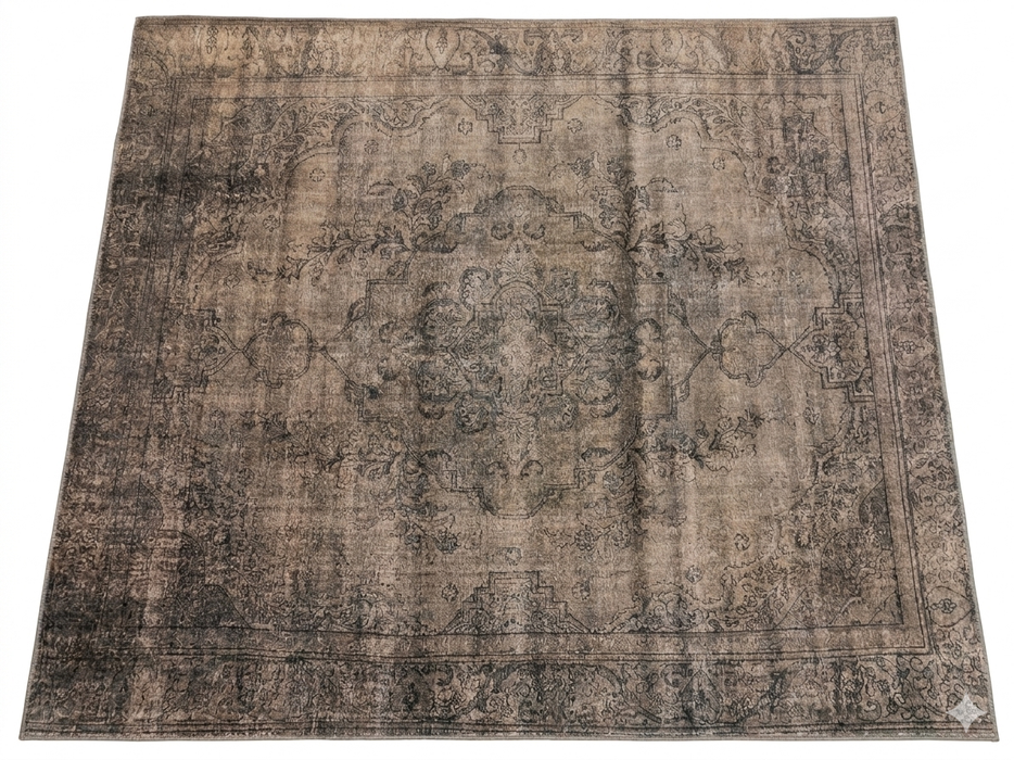 7' x 7' Square Taupe Gray Distressed Medallion Vintage Area Rug displayed on a white background, showcasing its faded taupe and gray medallion design with a vintage-inspired distressed pattern.