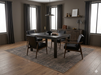 7' x 7' Square Taupe Gray Distressed Medallion Vintage Area Rug shown beneath a square dining table with black leather chairs in a refined modern dining room.