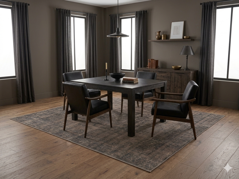 7' x 7' Square Taupe Gray Distressed Medallion Vintage Area Rug shown beneath a square dining table with black leather chairs in a refined modern dining room.