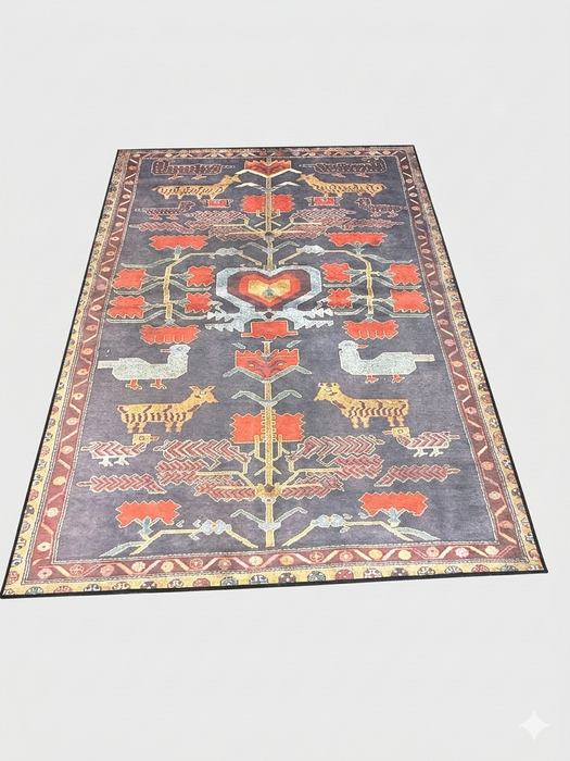 7' x 9' Rectangle Charcoal Gray & Rust Folk Tribal Washable Area Rug displayed on a studio background highlighting the folk-inspired animal and geometric pattern.
