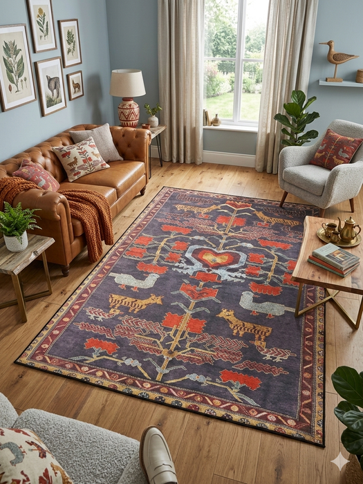 7' x 9' Rectangle Charcoal Gray & Rust Folk Tribal Washable Area Rug placed in a cozy living room with leather sofa, accent chair, and wooden coffee table.