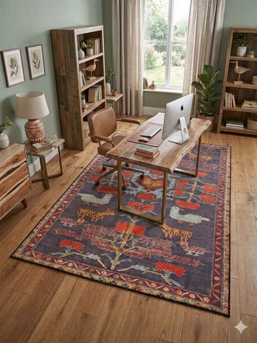 7' x 9' Rectangle Charcoal Gray & Rust Folk Tribal Washable Area Rug styled in a modern home office with wooden desk and bookshelves.