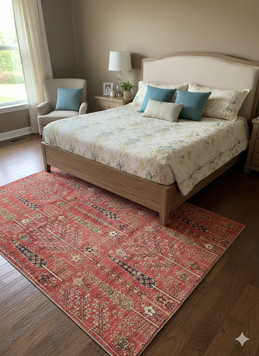 7' x 9' Rectangle Red Black Floral Traditional Area Rug placed in a cozy bedroom setting.