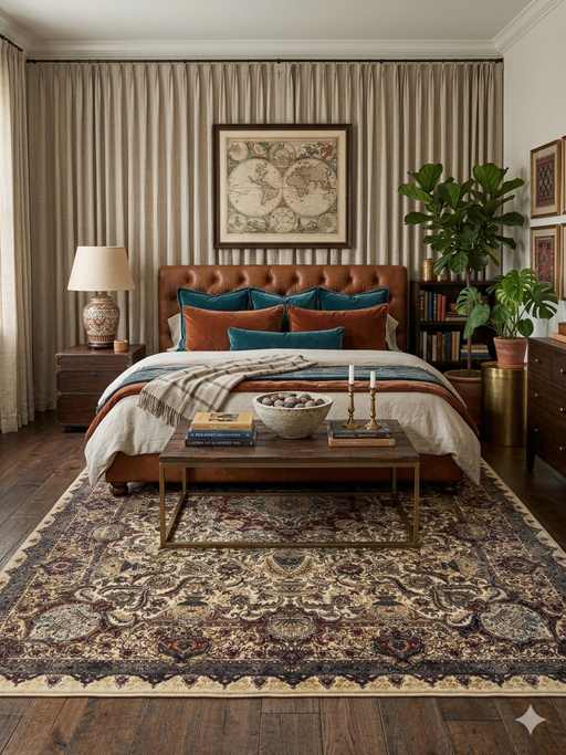 7' x 9' Rectangular Beige & Burgundy Floral Traditional Area Rug styled in a bedroom with layered bedding and rich accent tones.