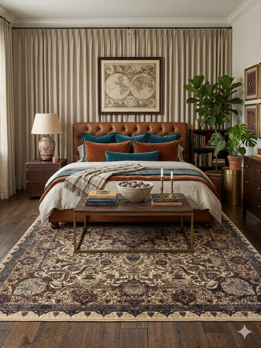 7' x 9' Rectangular Beige & Burgundy Floral Traditional Area Rug styled in a bedroom with layered bedding and rich accent tones.