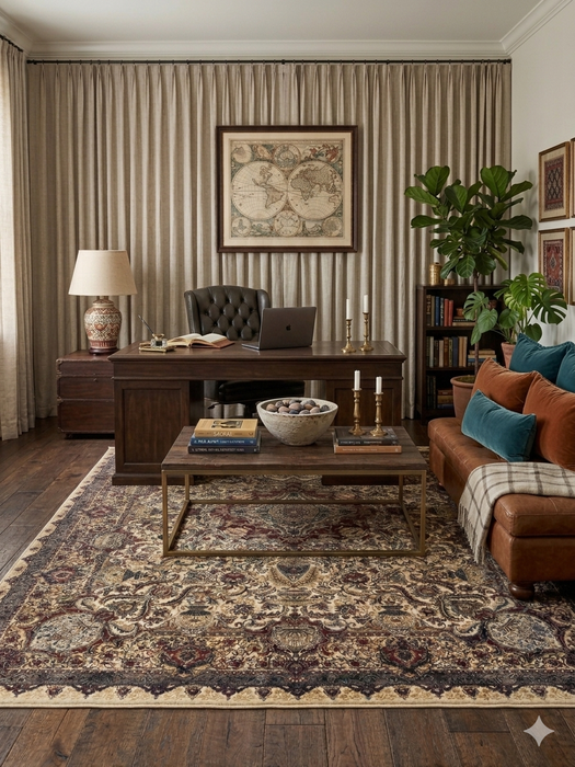7' x 9' Rectangular Beige & Burgundy Floral Traditional Area Rug styled in a home office with classic wood furniture and warm decor.