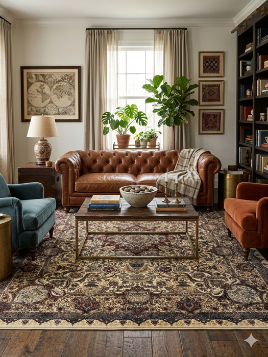 7' x 9' Rectangular Beige & Burgundy Floral Traditional Area Rug styled in a living room with leather seating and traditional decor.