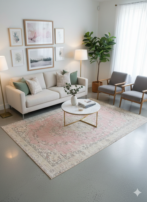7' x 9' Rectangular Blush Pink & Ivory Vintage Distressed Traditional Washable Area Rug placed in a bright living room with a beige sofa, accent chairs, and a round coffee table.