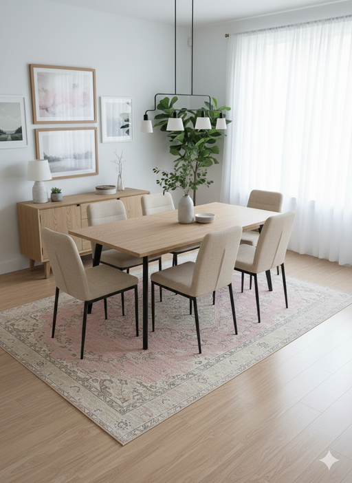7' x 9' Rectangular Blush Pink & Ivory Vintage Distressed Traditional Washable Area Rug placed in a modern dining room with a light wood table, upholstered chairs, and neutral decor.