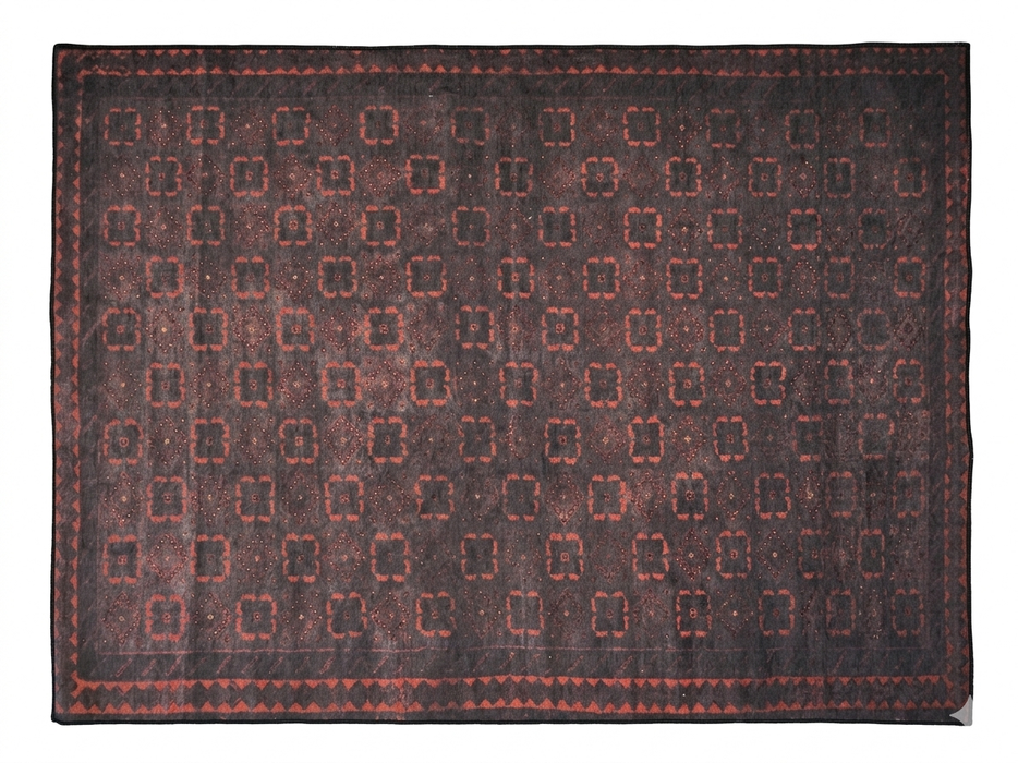 7' x 9' Rectangular Charcoal Rust Geometric Tribal Traditional Washable Area Rug displayed on a white background, showcasing its charcoal and rust geometric tribal pattern with a decorative border.