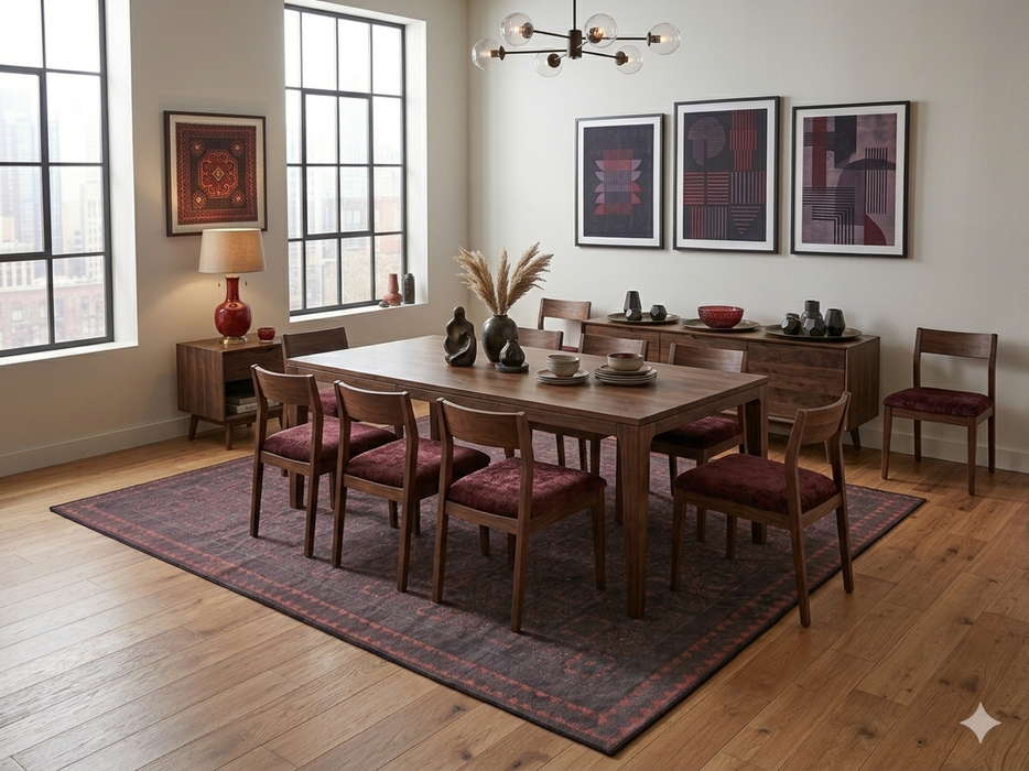 7' x 9' Rectangular Charcoal Rust Geometric Tribal Traditional Washable Area Rug shown beneath a wooden dining table with upholstered chairs in a modern dining room with warm earth-tone décor.