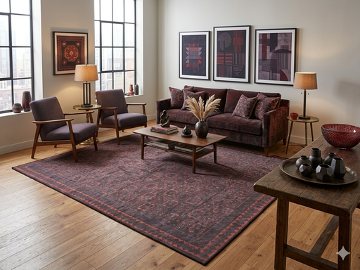 7' x 9' Rectangular Charcoal Rust Geometric Tribal Traditional Washable Area Rug styled in a sophisticated living room with deep burgundy seating, warm wood accents, and modern artwork.