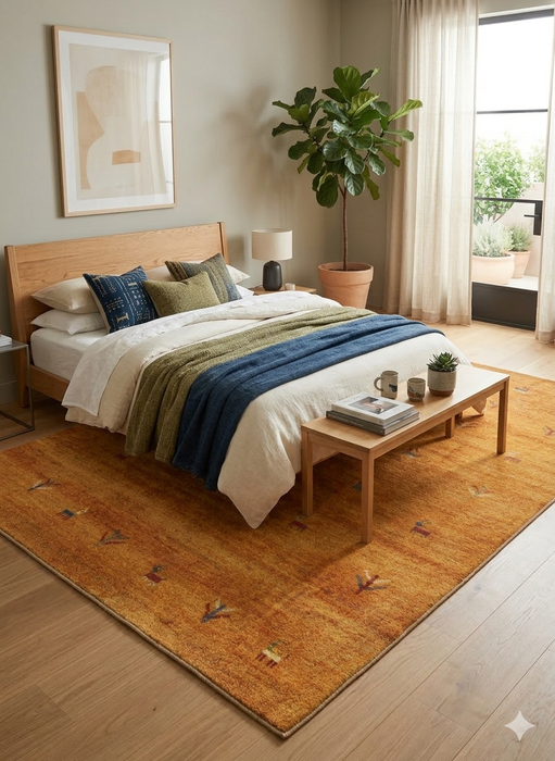7' x 9' Rectangular Gold Camel Animal Tribal Southwestern Area Rug styled in a bedroom with soft neutral bedding and accent pillows.