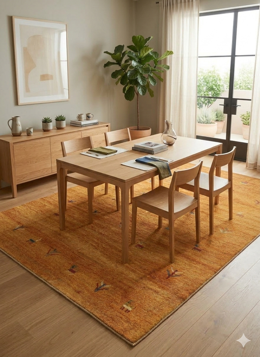 7' x 9' Rectangular Gold Camel Animal Tribal Southwestern Area Rug styled in a dining room with warm wood furniture and neutral decor.