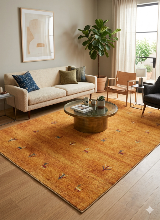 7' x 9' Rectangular Gold Camel Animal Tribal Southwestern Area Rug styled in a living room with a sofa, accent chair, and modern decor.