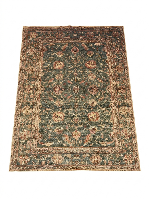7' x 9' Rectangular Green & Beige Floral Traditional Washable Area Rug isolated on a white background.