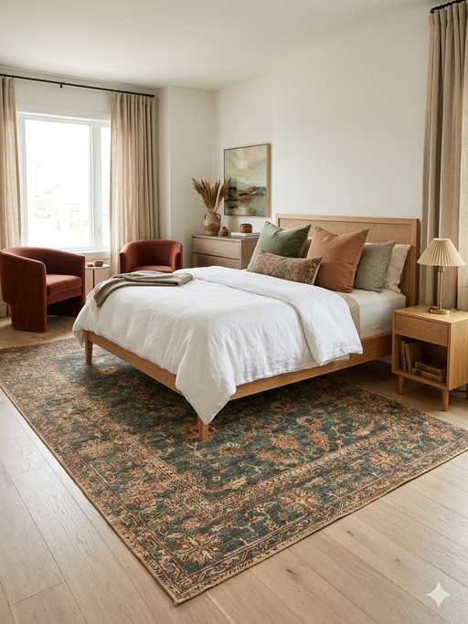 7' x 9' Rectangular Green & Beige Floral Traditional Washable Area Rug styled in a bedroom with warm wood furniture, neutral bedding, and soft natural light.