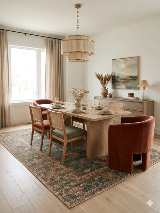 7' x 9' Rectangular Green & Beige Floral Traditional Washable Area Rug styled in a dining room with a wooden table, upholstered chairs, and warm lighting.