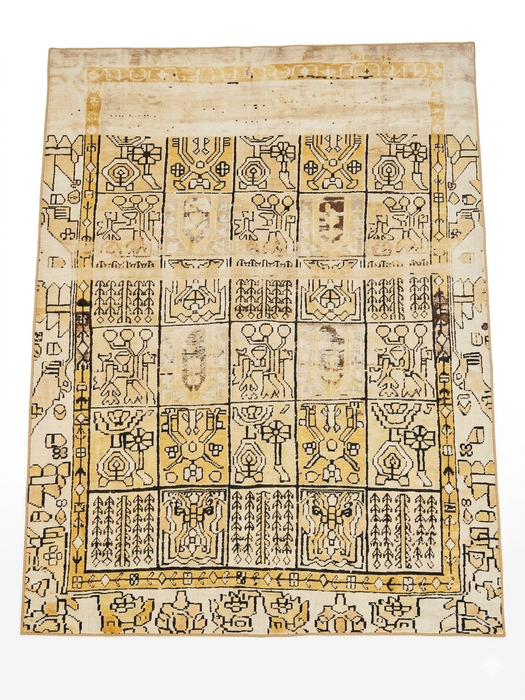 7' x 9' Rectangular Ivory & Gold Tribal Geometric Traditional Area Rug placed in a bright living room with neutral sofas and warm wood flooring.