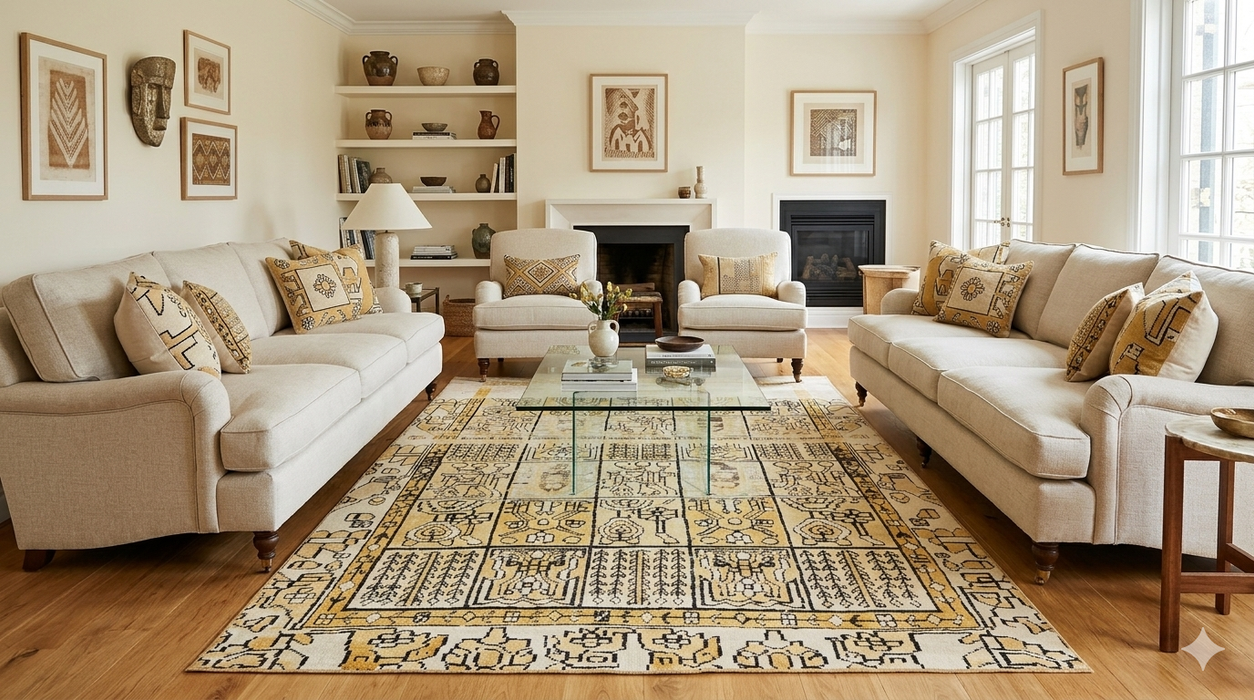 7' x 9' Rectangular Ivory & Gold Tribal Geometric Traditional Area Rug styled in a cozy bedroom with natural wood furniture and soft cream bedding.