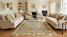 7' x 9' Rectangular Ivory & Gold Tribal Geometric Traditional Area Rug styled in a cozy bedroom with natural wood furniture and soft cream bedding.