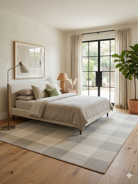 7' x 9' Rectangular Ivory & Gray Checkered Plaid Modern Farmhouse Area Rug placed in a bright bedroom with a neutral upholstered bed, wood flooring, and soft natural light.