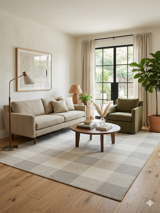 7' x 9' Rectangular Ivory & Gray Checkered Plaid Modern Farmhouse Area Rug placed in a cozy living room with a sofa, accent chair, and round coffee table.