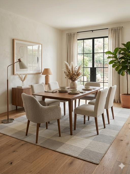 7' x 9' Rectangular Ivory & Gray Checkered Plaid Modern Farmhouse Area Rug placed in a dining room with a wooden table, upholstered chairs, and minimalist decor.