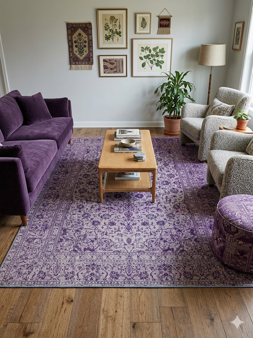 7' x 9' Rectangular Ivory & Purple Floral Medallion Traditional Area Rug placed in a cozy living room with a plum velvet sofa and botanical wall art.