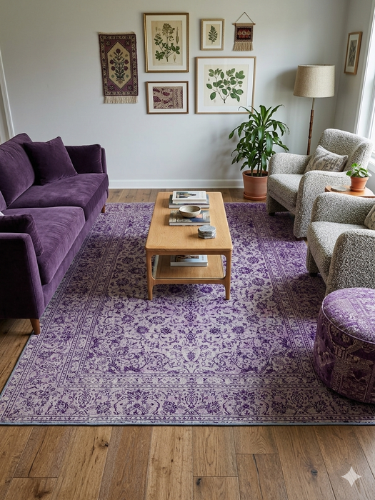 7' x 9' Rectangular Ivory & Purple Floral Medallion Traditional Area Rug placed in a cozy living room with a plum velvet sofa and botanical wall art.