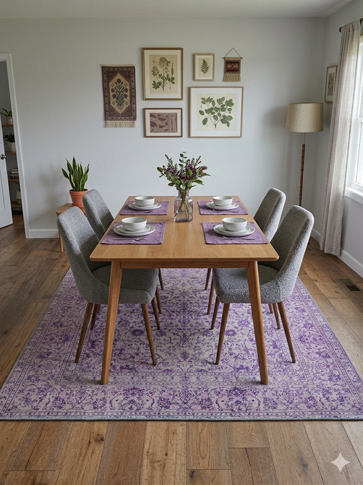 7' x 9' Rectangular Ivory & Purple Floral Medallion Traditional Area Rug showcased beneath a mid-century dining table with upholstered gray chairs.
