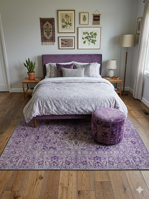 7' x 9' Rectangular Ivory & Purple Floral Medallion Traditional Area Rug styled in a serene bedroom with a lavender upholstered bed and soft neutral bedding.