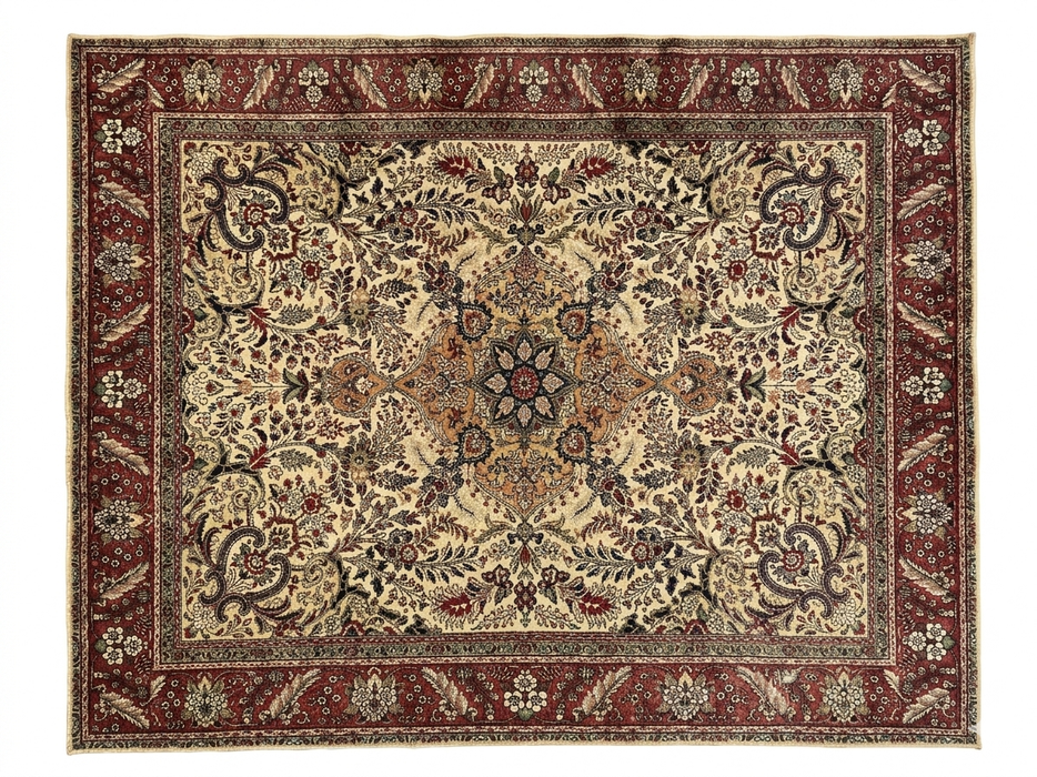 7' x 9' Rectangular Ivory Red Floral Medallion Traditional Area Rug isolated on a white background.