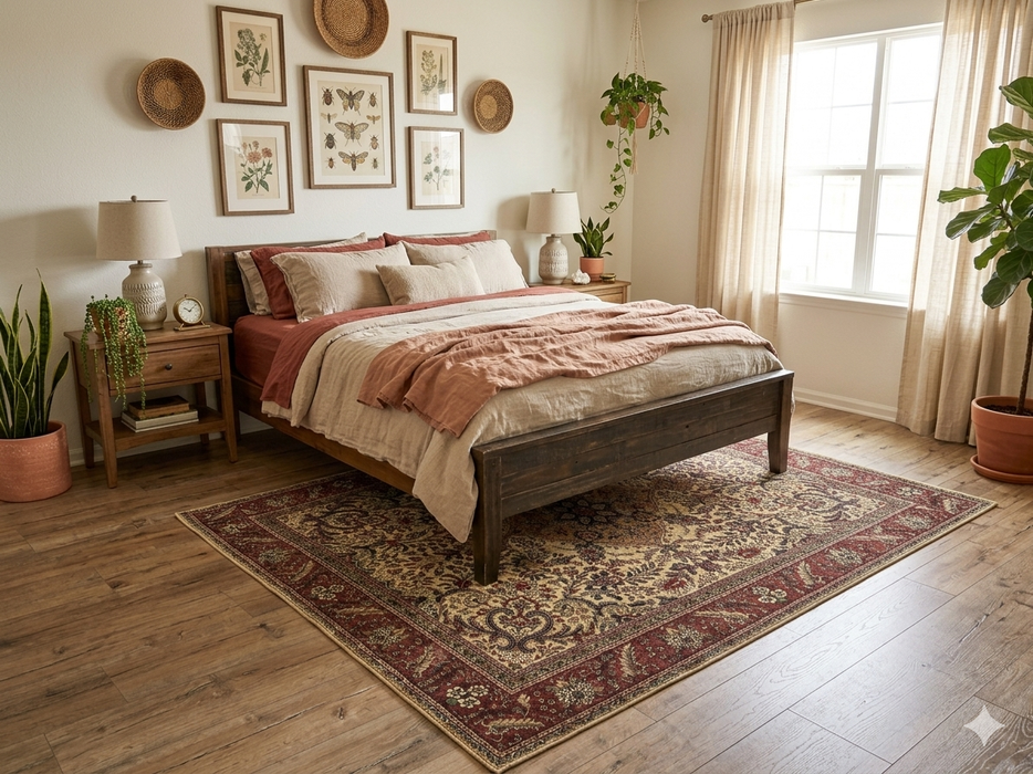 7' x 9' Rectangular Ivory & Red Floral Medallion Traditional Area Rug placed beneath a bed in a warm farmhouse bedroom.