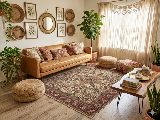 7' x 9' Rectangular Ivory & Red Floral Medallion Traditional Area Rug styled in a cozy bohemian living room.