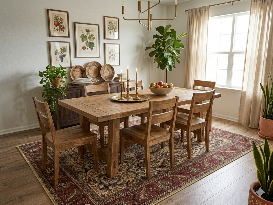 7' x 9' Rectangular Ivory & Red Floral Medallion Traditional Area Rug styled under a rustic dining table in a traditional dining room.