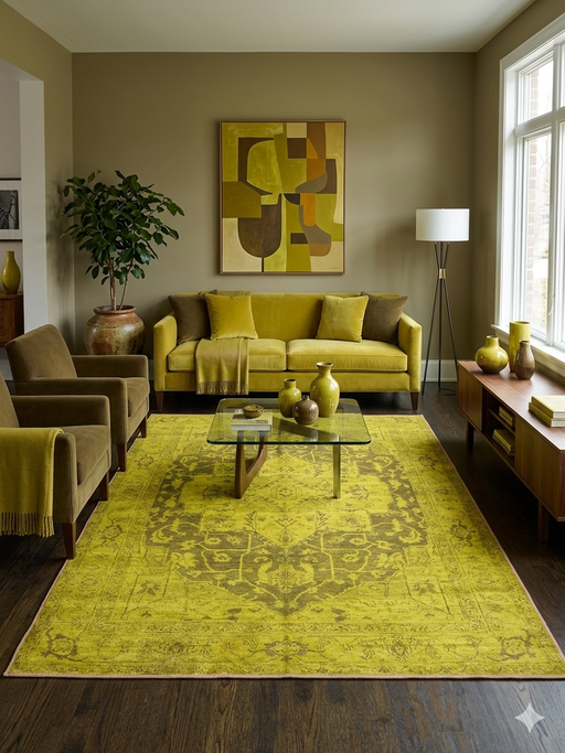 7' x 9' Rectangular Mustard Gold & Brown Distressed Medallion Traditional Washable Area Rug placed in a modern living room beneath a yellow sofa and glass coffee table.