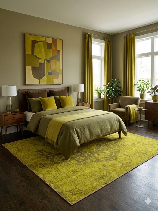 7' x 9' Rectangular Mustard Gold & Brown Distressed Medallion Traditional Washable Area Rug styled in a contemporary bedroom under a neatly made bed.