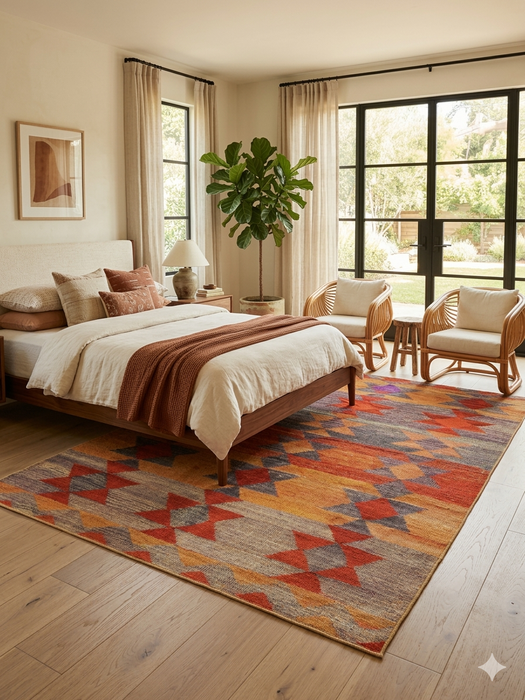 7' x 9' Rectangular Orange Multi Color Geometric Tribal Southwestern Area Rug styled in a bedroom with neutral bedding and purple accents.