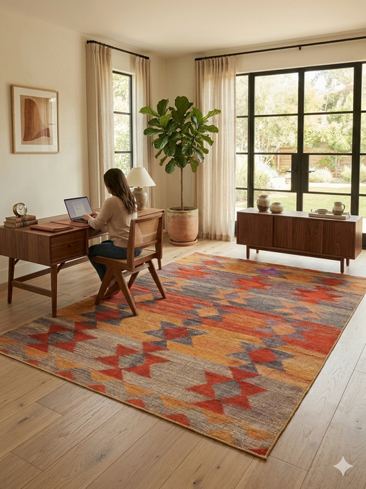 7' x 9' Rectangular Orange Multi Color Geometric Tribal Southwestern Area Rug styled in a home office with a wooden desk and shelving.