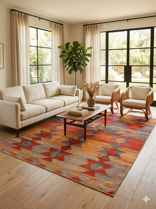 7' x 9' Rectangular Orange Multi Color Geometric Tribal Southwestern Area Rug styled in a living room with modern furniture and coordinated decor.